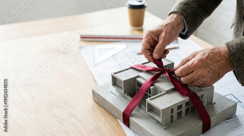 Wallpaper Mural Architectural model presentation with hands tying red ribbon on modern building miniature, visible technical blueprints, ruler, and coffee cup symbolizing project delivery and success Torontodigital.ca