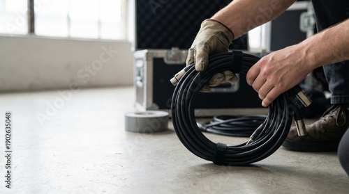 Audio Technician Cable Management Optimization Rolling XLR Cables with Protective Gloves Industrial Tape and Equipment Case for Efficient Live Event Infrastructure