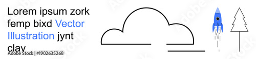 Space exploration, adventure, minimalism, technology, nature, creativity. Blue rocket soaring upward, outlined cloud and pine tree. Space exploration and creativity highlighted