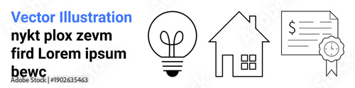 Innovation, real estate, certification, creativity, homeownership, success. Minimalistic black and white light bulb, house and certificate with ribbon icon. Innovation and real estate concept