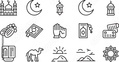 Islamic symbols and motifs in a grid of nine black and white icons