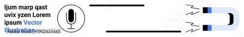 Digital marketing, content creation, communication, idea generation, information, innovation. A microphone and a magnet emitting force lines. Digital marketing and content creation
