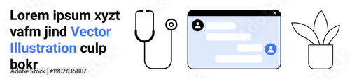 Telemedicine, digital interaction, medical technology, remote consultation, modern communication, online support. Stethoscope, chat interface and plant . Telemedicine and digital interaction concept