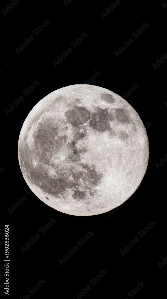 Naklejka premium faraway. A striking close-up of the full moon, revealing intricate crater details against the dark night sky. STEM education sheets, lab safety posters, designed for biotech research communications. 