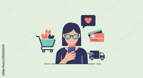 Woman shopping online with smartphone and shopping cart.