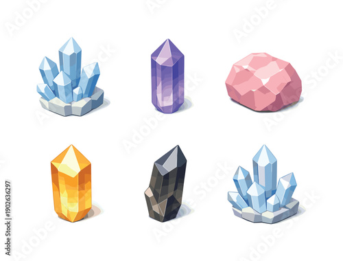 Crystals. Isometric flat vector icons set of Crystals: quartz cluster, amethyst point, rose quartz chunk, citrine crystal, smoky quartz