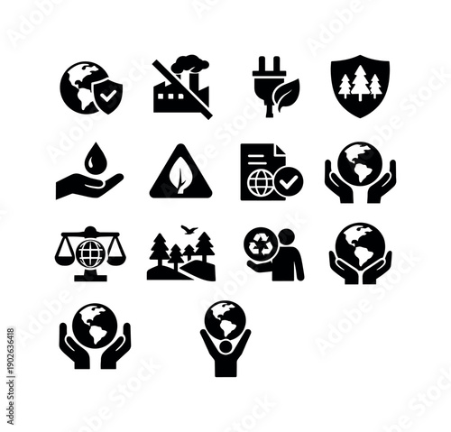 Environmental Protection. Solid icon set of Environmental Protection: earth shield, anti pollution sign, clean energy plug, forest