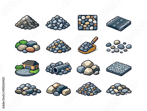 Colorful Gravel Icons. Gravel. Colorful isometric vector icons set of gravel: gravel pile, crushed stone, pebbles texture, road gravel, landscaping stones,