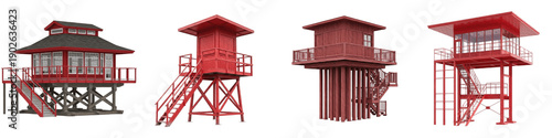 Bild auf Leinwand Set of Modern and Classic Red Lifeguard Towers - Coastal Beach Safety Observatio