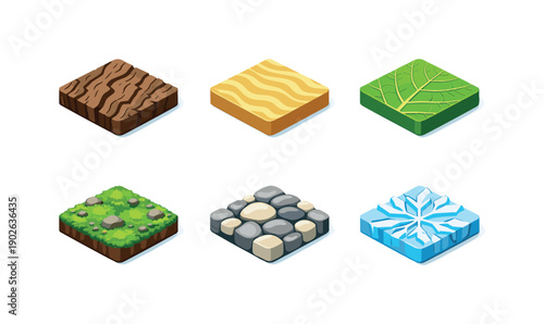 Natural textures. Isometric flat vector icons set of natural textures: bark surface detail, sand ripples texture, leaf vein pattern, mossy