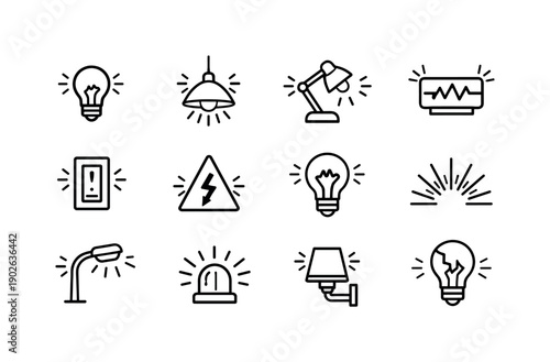 Light Flicker Icons. Light Flicker. Line icon set of Light Flicker: flickering bulb, ceiling lamp, desk lamp, neon sign blink, power switch, voltage warning,