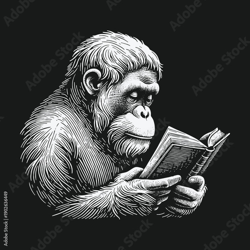 Intelligent Orangutan Engrossed in Reading a Book.