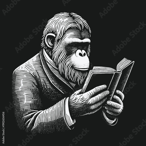 A Thoughtful Gorilla Engrossed in Reading a Book.
