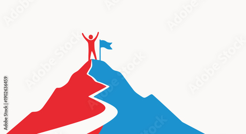 Triumphant figure on mountain peak victory success.