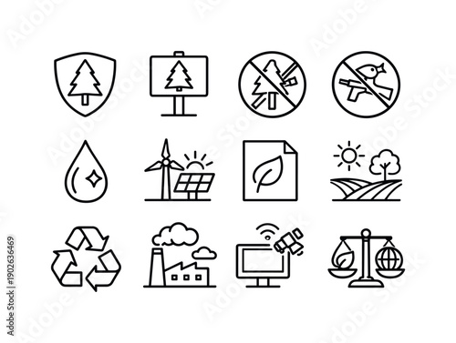Environmental protection. Line icon set of Environmental protection: nature shield, protected area sign, no logging sign, no hunting sign,