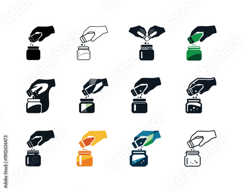 Spice Jar Icon Set. Refilling a spice jar. Icon set. Set Logo of Refilling a spice jar: hand pouring spice into jar. harmonious logo variations of the same