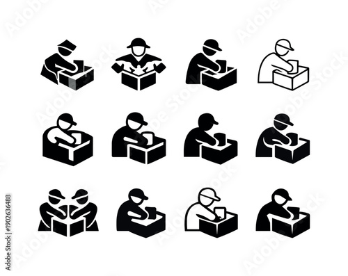 Warehouse Staff Icons. Warehouse staff. Icon set. Set Logo of Warehouse staff organizing and packing: hand placing product into box. harmonious logo variations