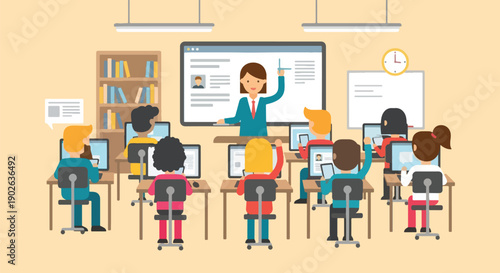 Teacher educating students on digital whiteboard in classroom.