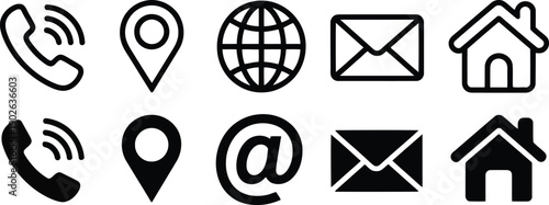 Comprehensive collection of black outline and solid icons for contact details and geographic location