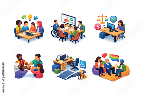 Inclusive Workplace Icons. Diversity and inclusion workplace. Isometric flat vector icons set of diversity and inclusion workplace: diverse team collaboration,