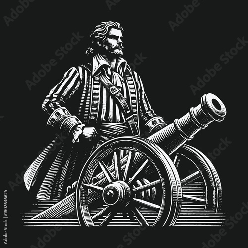 Intricate Black and White Illustration of a Historical Cannon Crewman.