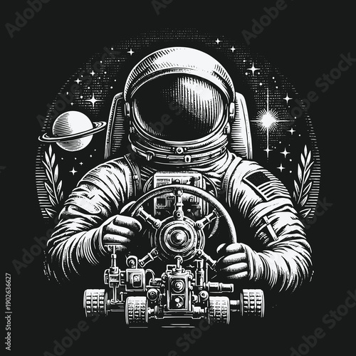 Astronaut Driving a Rover in Space Illustration.