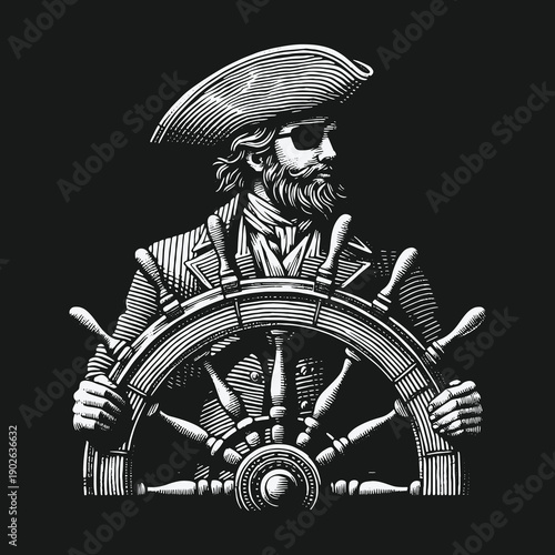 Monochrome Pirate Captain Steering Ship Wheel Illustration with Eye Patch.