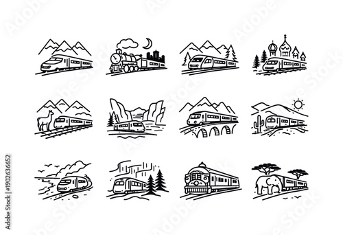 Famous Scenic Train Routes. Line icon set of Famous Scenic Train Routes: glacier express train, orient express route, rocky mountaineer