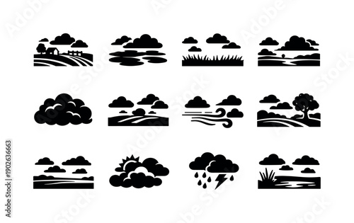 Countryside Cloud Icons. Countryside Clouds. Solid icon set of Countryside Clouds: pastoral field, cloud shadows, open meadow, sky panorama, soft cloud mass,