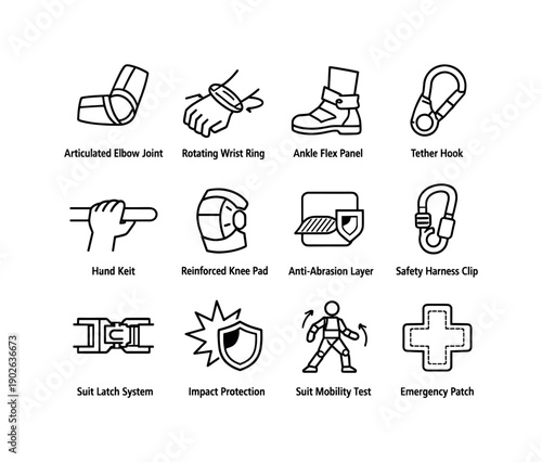 Mobility Safety Icons. Mobility and safety. Line icon set of mobility and safety: articulated elbow joint, rotating wrist ring, ankle flex panel, restraint