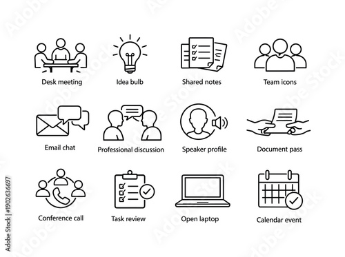 Office Icon Set. Office Communication. Line icon set of Office Communication: desk meeting, idea bulb, shared notes, team icons, email chat, professional