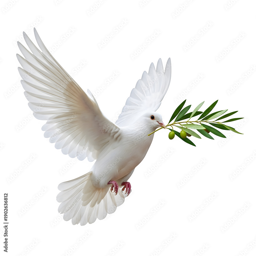 Fototapeta premium White dove flying with olive branch isolated on transparent background