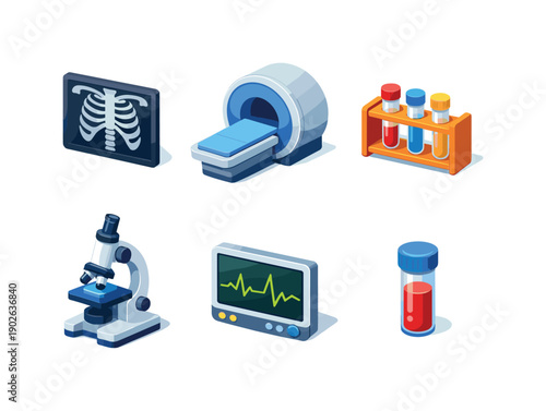 Health diagnostics. Isometric flat vector icons set of health diagnostics: X-ray image, MRI scanner, test tube rack, microscope, ECG screen,