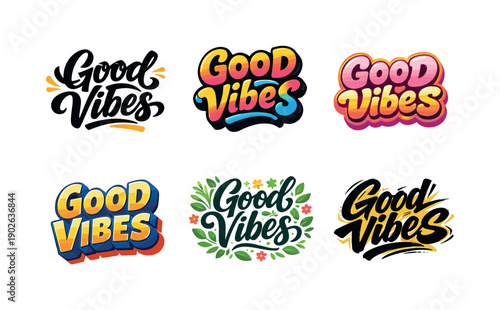 Happy type vibes lettering. Set lettering. harmonious lettering variations of the same emblematic concept, each with different artistic