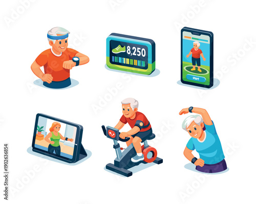 Senior fitness tech. Isometric flat vector icons set of senior fitness tech: senior exercising with smartwatch, step counter display, balance