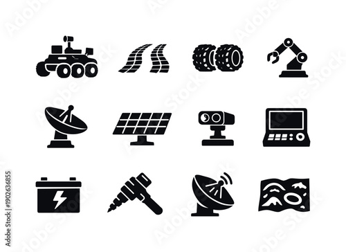Lunar rover. Solid icon set of Lunar rover: lunar rover vehicle, moon surface tracks, rover wheels, robotic arm, space antenna, solar panel,