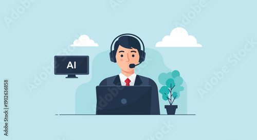 AI customer support agent wearing headset at desk.