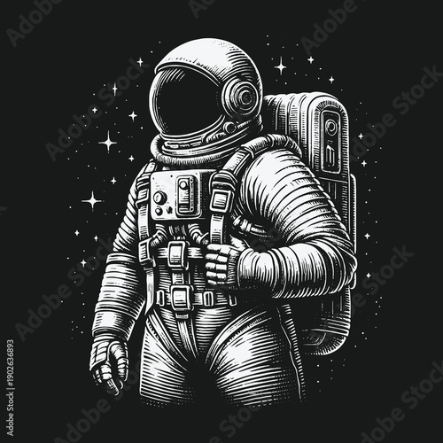 Monochrome Astronaut Illustration in Space with Stars.