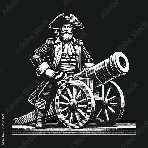 Pirate Captain with Cannon: A Vintage Engraving Illustration.
