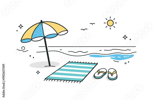 Summer beach objects by the sea. Beach umbrella, towel, and sandals placed near a calm shoreline. The scene conveys leisure, warmth, and slow