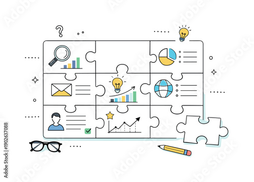 Data puzzle with missing pieces. An editorial illustration showing a puzzle-like grid of information cards, one or two slots left open or