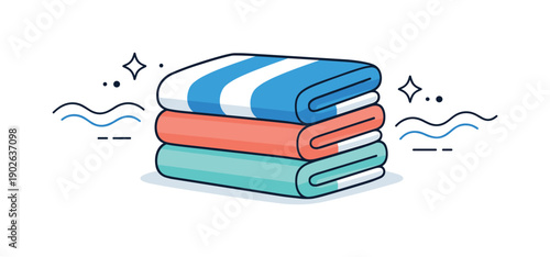 Beach towel folds. Neatly folded beach towels stacked in a simple editorial arrangement. Calm summer mood, order and softness, with subtle