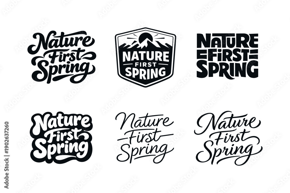 Fototapeta premium Nature first spring. Set lettering. harmonious lettering variations of the same emblematic concept, each with different artistic