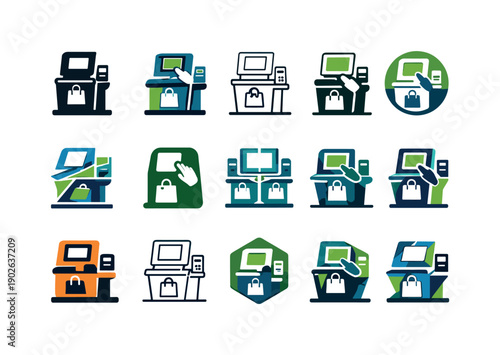 Self-checkout. Icon set. Set Logo of self-checkout: touchscreen payment kiosk. harmonious logo variations of the same emblematic concept,
