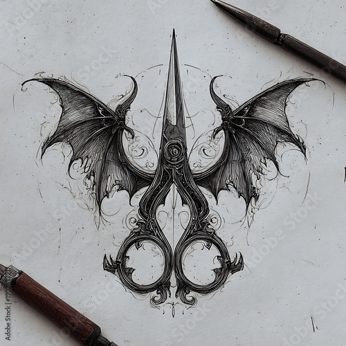 Gothic barber scissors tattoo sketch with dark vampire wings and filigree