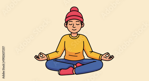 Woman meditating in lotus position relaxed winter wear.