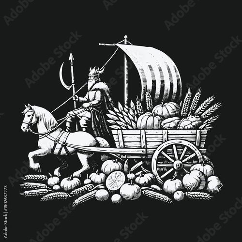 Harvest God Freyr Riding a Horse-Drawn Cart Filled with Autumn Bounty.