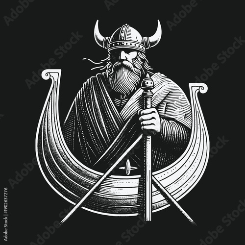 Viking Warrior in Boat: Detailed Black and White Illustration.