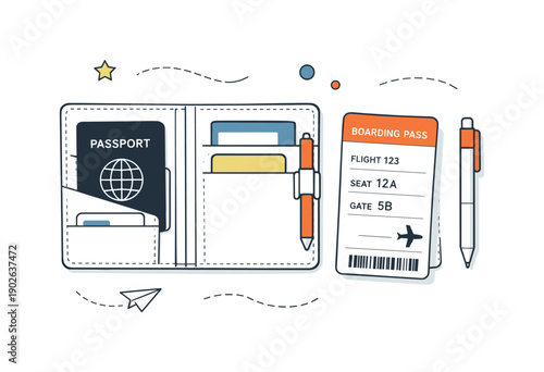 Minimalist Travel Essentials. Passport cover with boarding essentials. A minimalist passport wallet with pen and ticket stub laid out in a calm flat lay,
