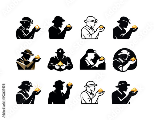 Gold seeker. Icon set. Set Logo of Gold seeker: miner silhouette with gold. harmonious logo variations of the same emblematic concept, each